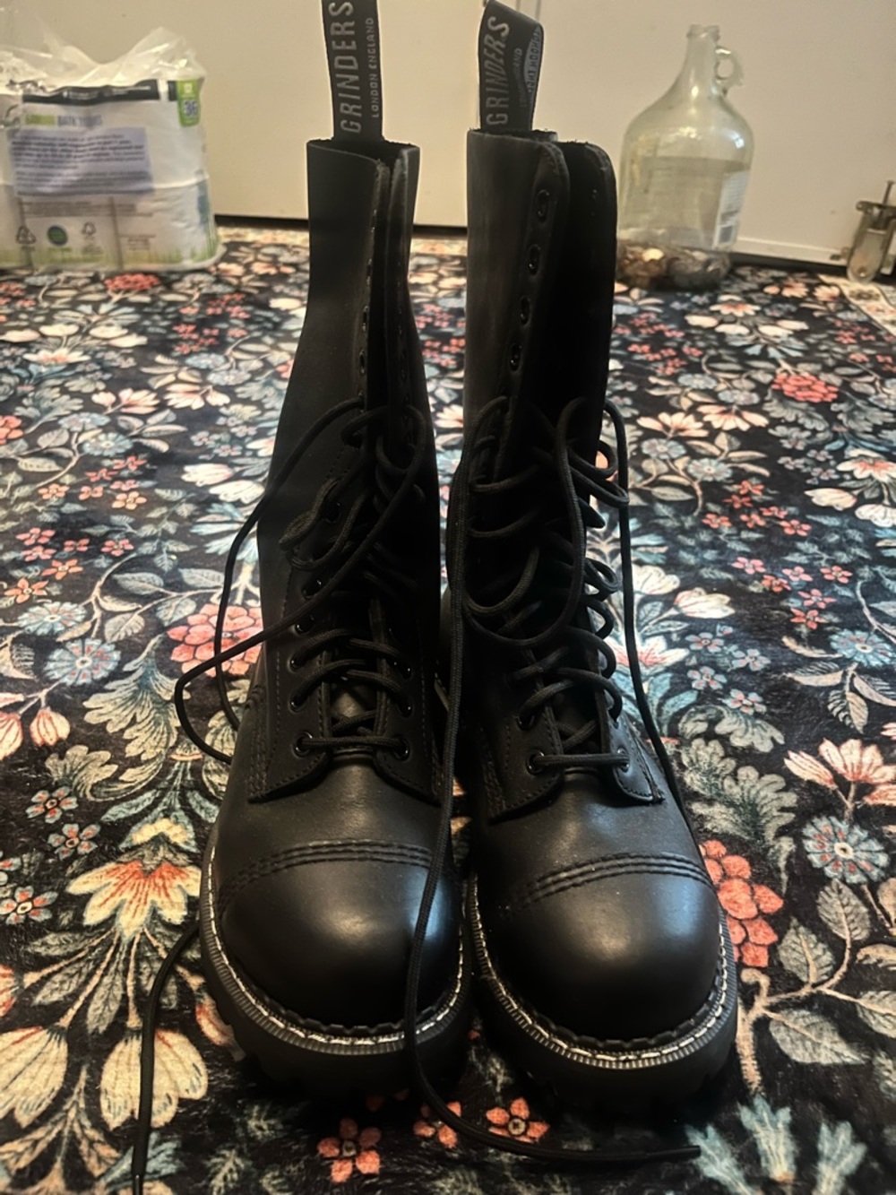 Black Leather Grinders Boots - Men's